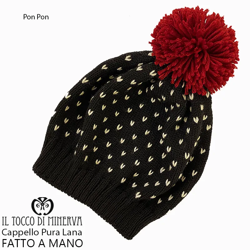 Cappello pura lana Pon Pon nero bordeaux - Fatto a Mano